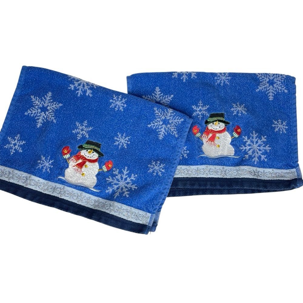 Linens N Things Hand Towels Set of 2 Snowman Holiday Christmas Blue White Red